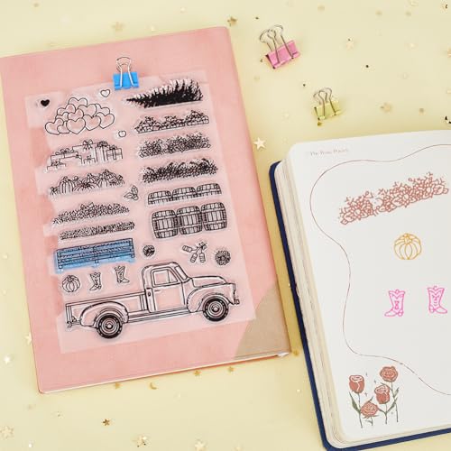 CRASPIRE West Farm Autumn Truck Clear Rubber Stamp Flowers Village Pumpkin Vintage Transparent Silicone Seals Stamp Retro for Journaling Card Making DIY Scrapbooking Handmade Photo Album Decor - Image 4