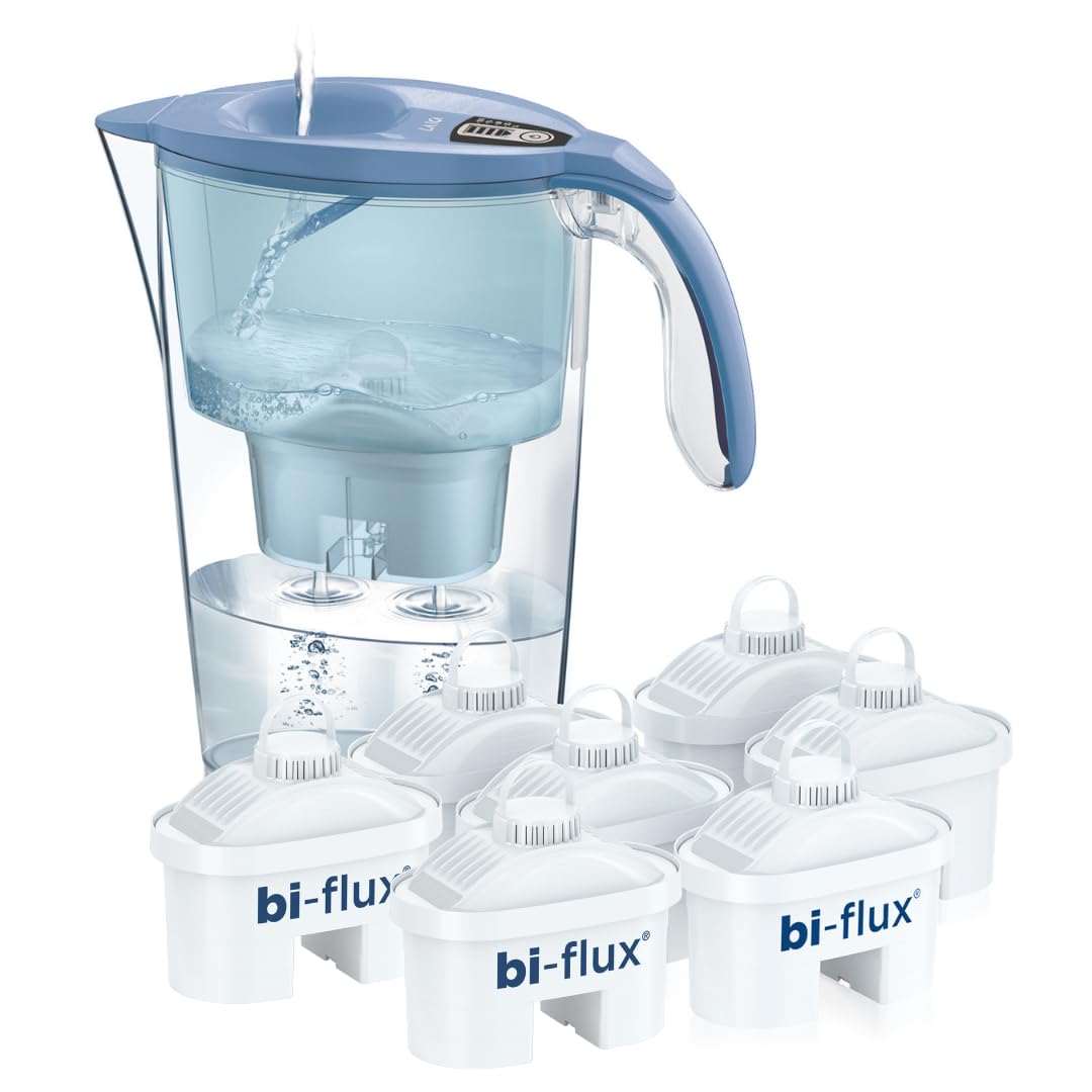 LAICA Stream Line Caraffa Filtrante - 2,3L - Blu - Timer Digitale - 6 Filtri bi-flux Inclusi, Preserva i Sali Minerali Utili all'Organismo e Riduce Cloro e Metalli Pesanti - Made in Italy