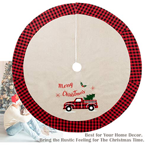 GMOEGEFT Christmas Tree Skirt Burlap with Buffalo Check Trim Rustic Truck and Tree Applique Xmas Home Decoration Ornaments (32 Inches) - Thumbnail 3