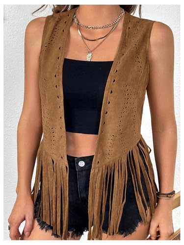 MakeMeChic Women's Plus Size Cowboy Chic Western Outfit Open Front Suede Fringe Vest Tassel Jacket Tops4