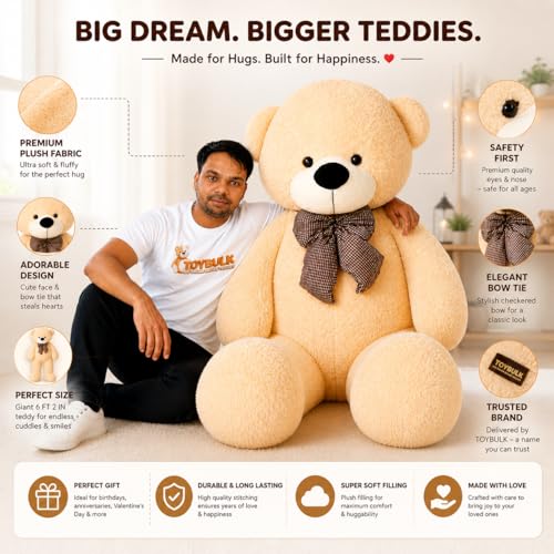 Image of Giant Teddy Bear 6 Feet Cream Color | Big Soft Teddy Bear for Girls | Cute Hugging Plush Toy | Birthday Gift, Valentine Gift, Premium Soft Toy