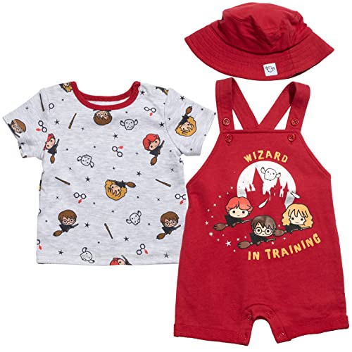 Image of Harry Potter Hermione Hedwig Ron Weasley Baby French Terry Short Overalls T-Shirt & Hat 3 Piece Outfit Newborn to Infant