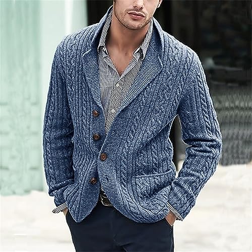 Men's Shawl Collar Cardigan Sweater Slim Fit Button Cable Knitted Chunky Long Sleeve Winter Sweater with Pockets2