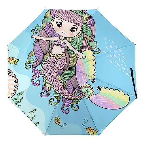 Paraguas Plegable Compacto Linda Sirena Paraguas De Viaje De Viento Automático Para Hombre Y...