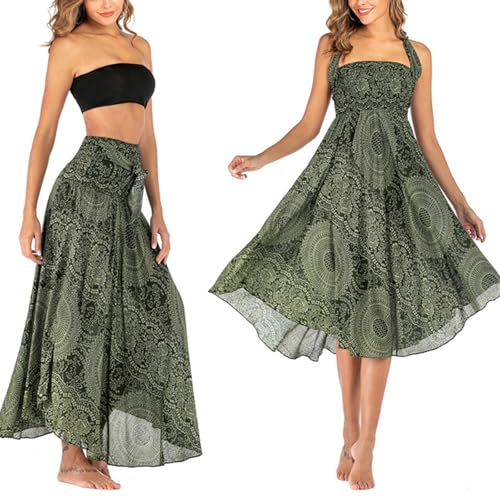 Générique Robe Longue Femme Ete, 2 en 1 Jupe Robe de Plage Boheme Fleurie Ethnique Fluide sans Manche Strap Wrap Taille Unique