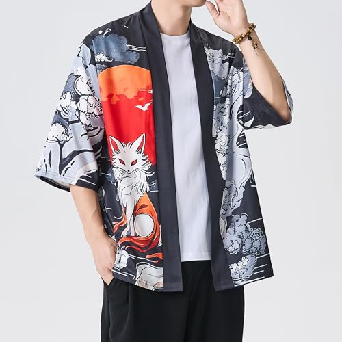 Image of Men's Japanese Kimono Robe Jacket Lightweight 3 /4 Sleeve Open Front Yukata | Silky Smooth Fashion Print Happi Coat Lightweight Breathable Loose Unisex Haori Casual Summer Cardigan Daily Beach Vacation
