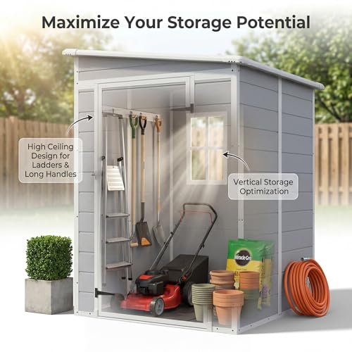 Image of Devoko 5x4 FT Plastic Storage Shed with Floor, Waterproof Resin Outdoor Tool Shed with Lockable Door, Outside Garden Shed for Backyard Patio Lawn, Light Grey
