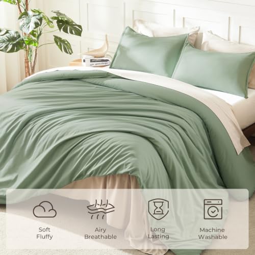 Image of Litanika Comforter Full Size Set Sage Green, 3 Pieces Lightweight Bed Set, Solid Bedding Comforters Sets, Soft All Season Down Alternative Quilt Blanket