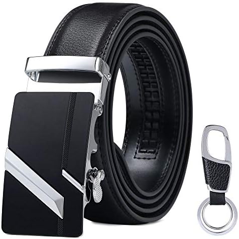 flintronic Mens Leather Belt, Automatic Buckle Leather Ratchet Belt 3.5cm * 125cm (Keychain & Gift Box Include)