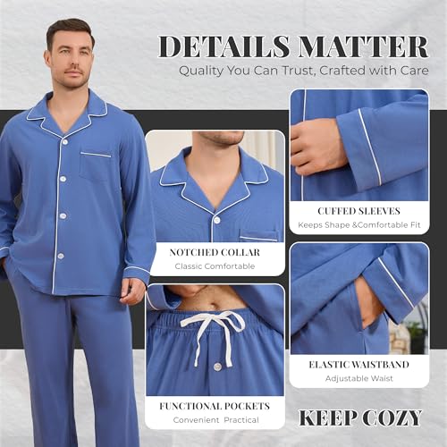 Image of U2SKIIN Mens Cotton Pajama Set, Soft Long Sleeve Pajamas for men Lightweight Button Up Sleepwear Lounge Pjs Set with Pockets