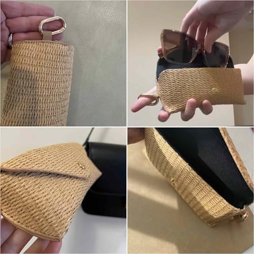 Image of Woven Straw Sunglasses Case, Boho Rattan Soft Bag Eyeglass Travel Glasses Case Hard Shell With Clip Hook, Protective Key Chain Organizer Storage Holder Pouch For Women Men Fashion Accessories Vacation