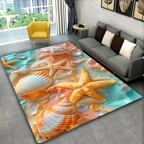Tappeti Soggiorno Decorativi in Stile Marino, Conchiglia di Stella Marina Blu Beige Tappeto per Camera da Letto, Studio, Sala Giochi, Tappetino da Bagno Antiscivolo Flanella, 80x120 cm, Color 3