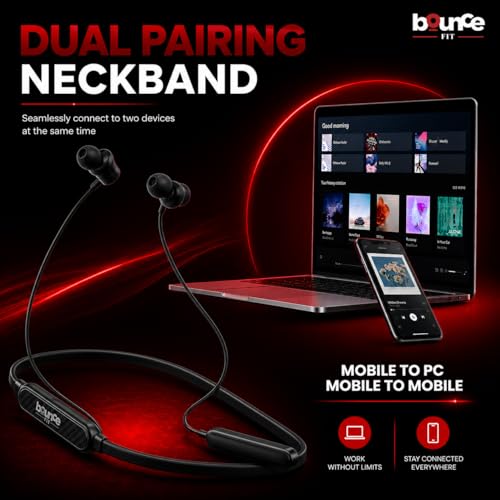 Image of Bouncefit Sonic 144 Bluetooth Wireless Neckband, 35H Continuous Playback Battery, Deep Bass, Stereo Sound, HD Calls, Type C Fast Charging, Rich Audio, Bluetooth Neckband with Mic Earphones (Black)