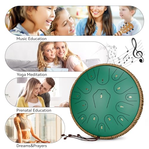 Image of Steel Tongue Drum-14 Inch 15 Notes Tongue Drums, Steel Drum Instrument for Adults, Handpan Drums with Music Book, Handpan Drum Mallet, and Carry Bag, C Major (Green)