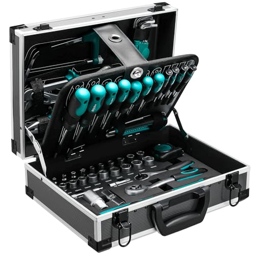 TLGREEN Alu-Werkzeugkoffer Gefüllt 107-tlg Werkzeug Set Werkzeugkasten Werkstattkoffer bestückt Werkzeugkiste mit Steckschlüssel Schraubenzieher usw....