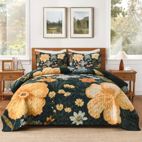 Image of Andency Floral Boho Queen Quilt Bedding Set Dark Green, 3 Pieces Farmhouse Flower Botanical Summer Bedspreads with 2 Shams, Soft Reversible Lightweight Polyester Coverlet Set for All Season, 90 inchx96 inch