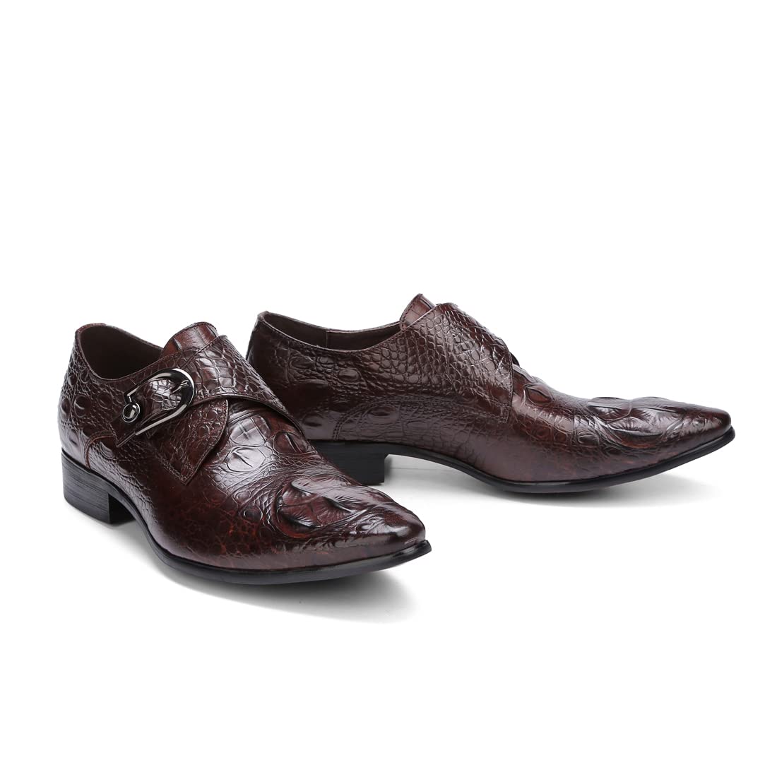 Mocasines Formales Negocios para Hombres Zapatos Monk Relieve en Punta en Cuero Genuino Zapatos de Vestir Slip On con Hebilla