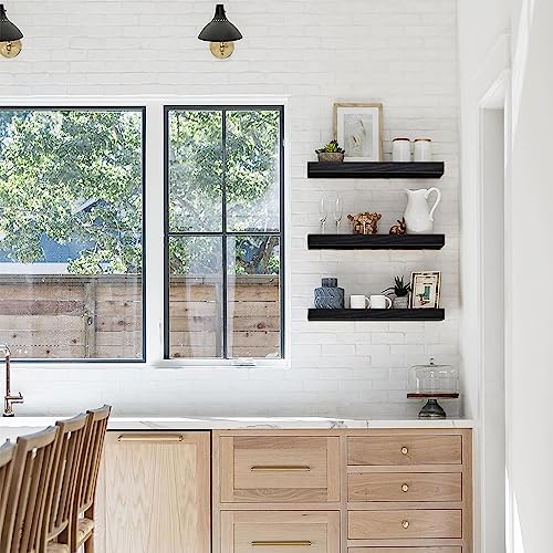 Image of QEEIG Floating Shelves for Wall Bathroom Shelf Bedroom Kitchen Living Room Hanging Book Shelves Small Farmhouse Decor 16 inch Set of 3, Black (015-B3)