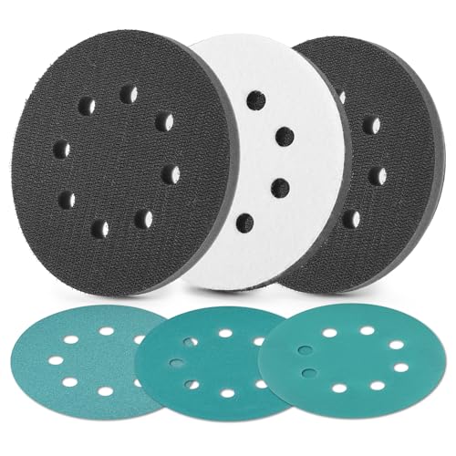 WORKPRO 125mm Orbital Sander Interface Pads with 3 Foam Buffer Pads & 3 Grit Sandpapers (80/120/240)，8 Hook and Loop Soft Sponge Buffer Backing Pads Kits, Density Foam Interface Pad for Sanders