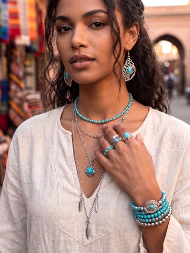 Image of Ecally Bohemian Western Jewelry Turquoise Set Women Country Pendant Long Choker Layered Bracelets Earrings Ring for Women