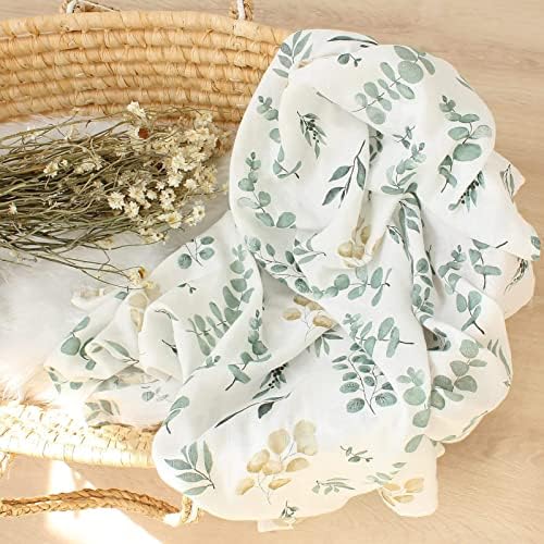 LifeTree Baby Muslin Cloths - Soft Baby Muslin Swaddle Blankets for Boys & Girls - Bamboo Cotton Large Muslin Cloths for Baby 120x120 cm, Eucalyptus Leaves