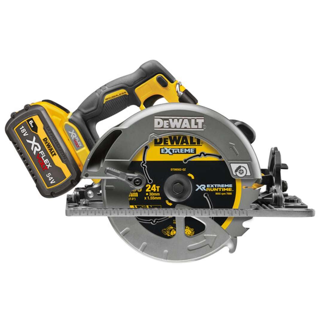 DEWALT Sierra Circular sin escobillas XR FLEXVOLT 54 V z 2 bateriami litowo-jonowymi 54 V/18 V 6 Ah, Ø 190 mm i 61 mm prof., z podstawą i walizką TSTAK VI
