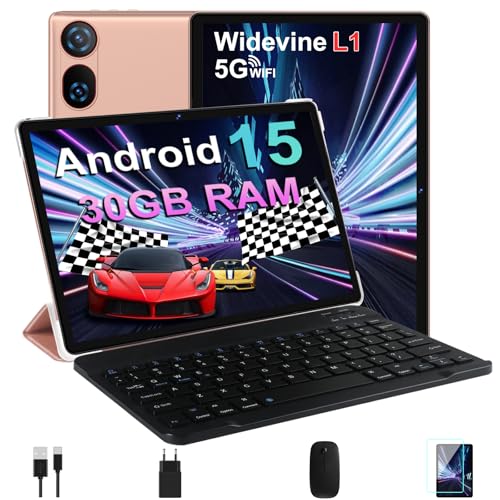 DMOAO Tablet 10 Pulgadas Android 15 con Gemini AI, 30 GB RAM + 2 TB ROM Expansión, 5G WiFi, GPS, Widevine L1, Octa-Core, BT 5.0, 6000mAh, USB-C, FHD Tablet con Teclado+ Ratón + Funda, Oro