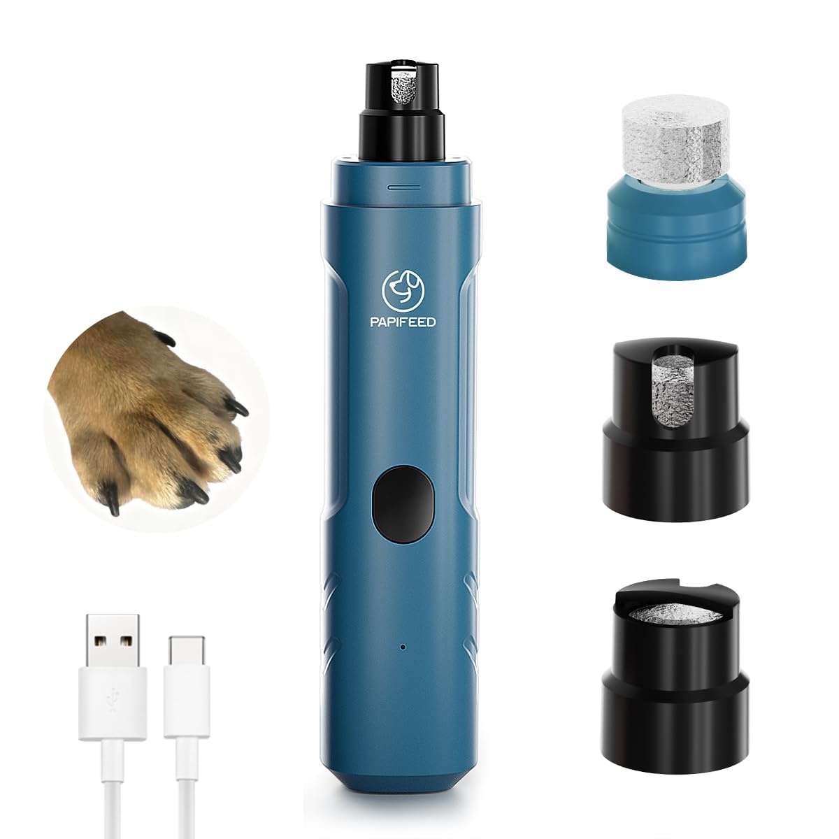 PAPIFEED Dog Nail Grinder with LED Light, Ultra Quiet 3-Speed Electric Nail File for Small Medium Large Dogs & Cats, Rechargeable Pet Nail Grinder with Trimmer (Blue)