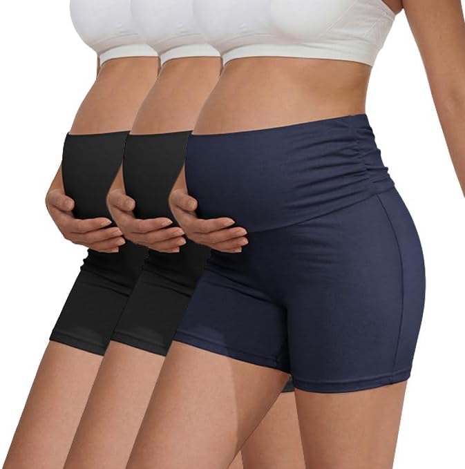 Ekouaer Pack Women's Maternity Shorts Pregnancy Biker Shorts Stretchy Workout Loungewear Mama Clothes