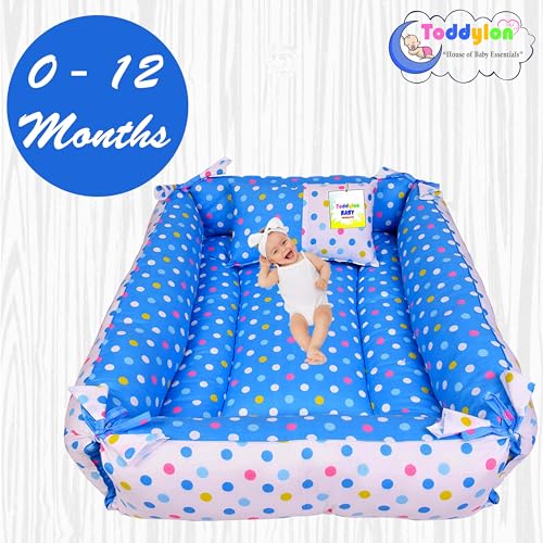 Image of Toddylon Baby Bed Bedding Set for New Born Baby Mattress with Mosquito Net & Pillow (0-12 Months) Blue