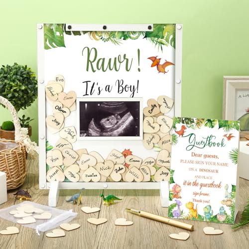 Image of Beeveer 65 Pcs Dinosaur Baby Shower Guest Book Alternatives Baby Shower Sign in Guest Book Decoration with 1 Photo Frame 60 Heart Wood Slices for 60 Guests Sonogram Frame Keepsake for BabyShower