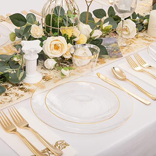 Nervure 350Pcs Clear And Gold Plastic Plates - Clear Plastic Plates With Gold Rim Include 50 Dinner Plates, 50 Dessert Plates, 150 Gold Plastic Silverware, 50 Cups, 50 Napkins For Wedding & Party #TOP3