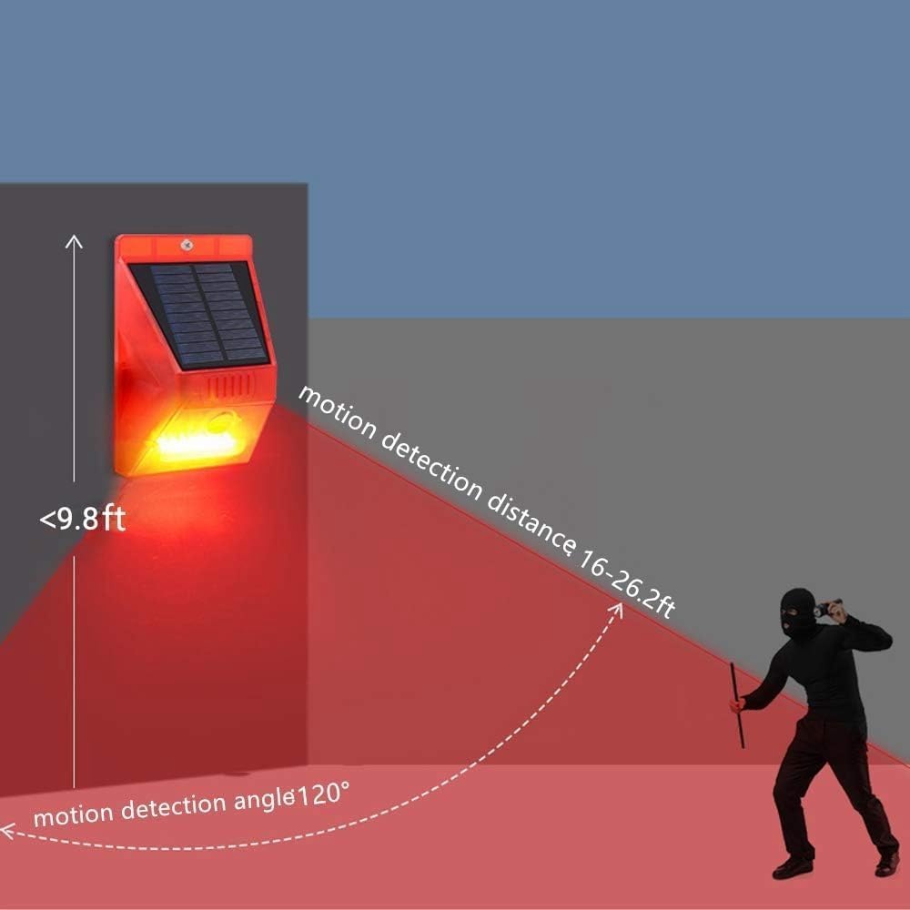 2 Stück Solar Bewegungsmelder Alarm 129 dB Laute Sirene und Blitzstroboskop | Wetterfest Einbruchschutz für Außen mit 4 Modi, leicht steuerbar mit Fernbedienung für Garten & Bauernhöfe