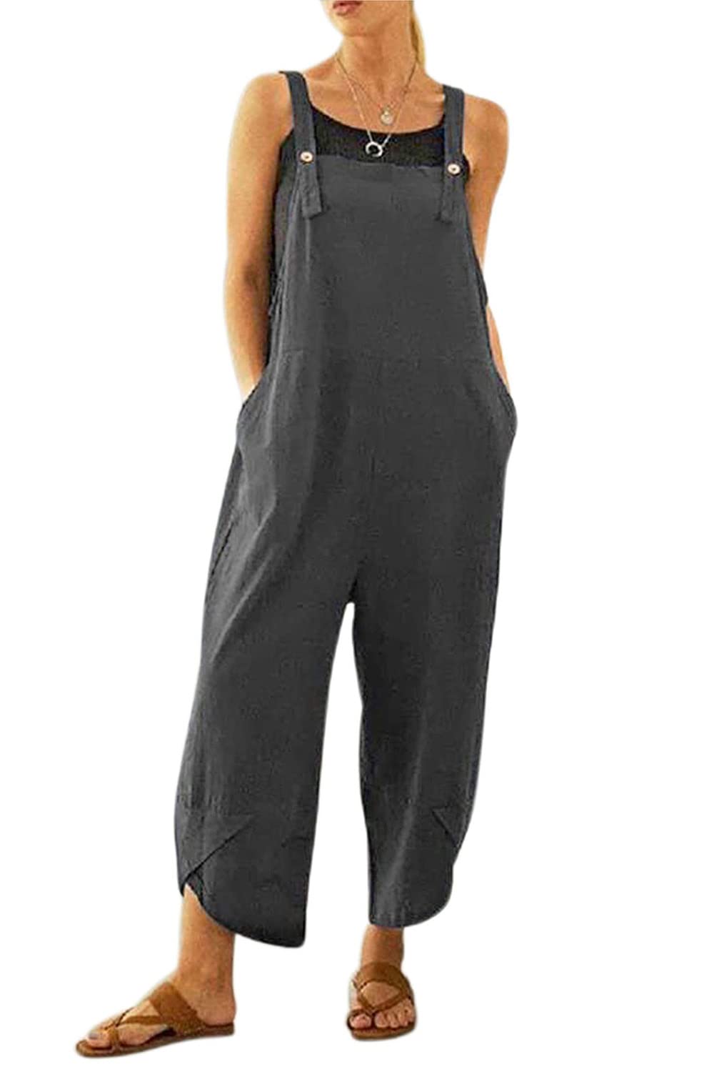 Mzsylk Women's Grey-1 Linen Dungarees Overalls Loose Sleeveless Baggy Adjustable Straps Jumpsuit Playsuit With Pockets