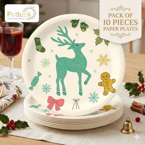 Image of Potluck Festive Celebrations Disposable Paper Plates | Pack of 10 | 9 Inch Food Grade Plates for Parties, Events, Snacks, Christmas, Birthday, Animal Theme Party, Kids Party & Meal Serving Pack