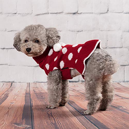 KYEESE Red Dog Sweaters Dress with Leash Hole Polka Dot Dog Sweater Knit Warm Doggie Sweaters with Pom Pom Ball for Fall… - Image 4