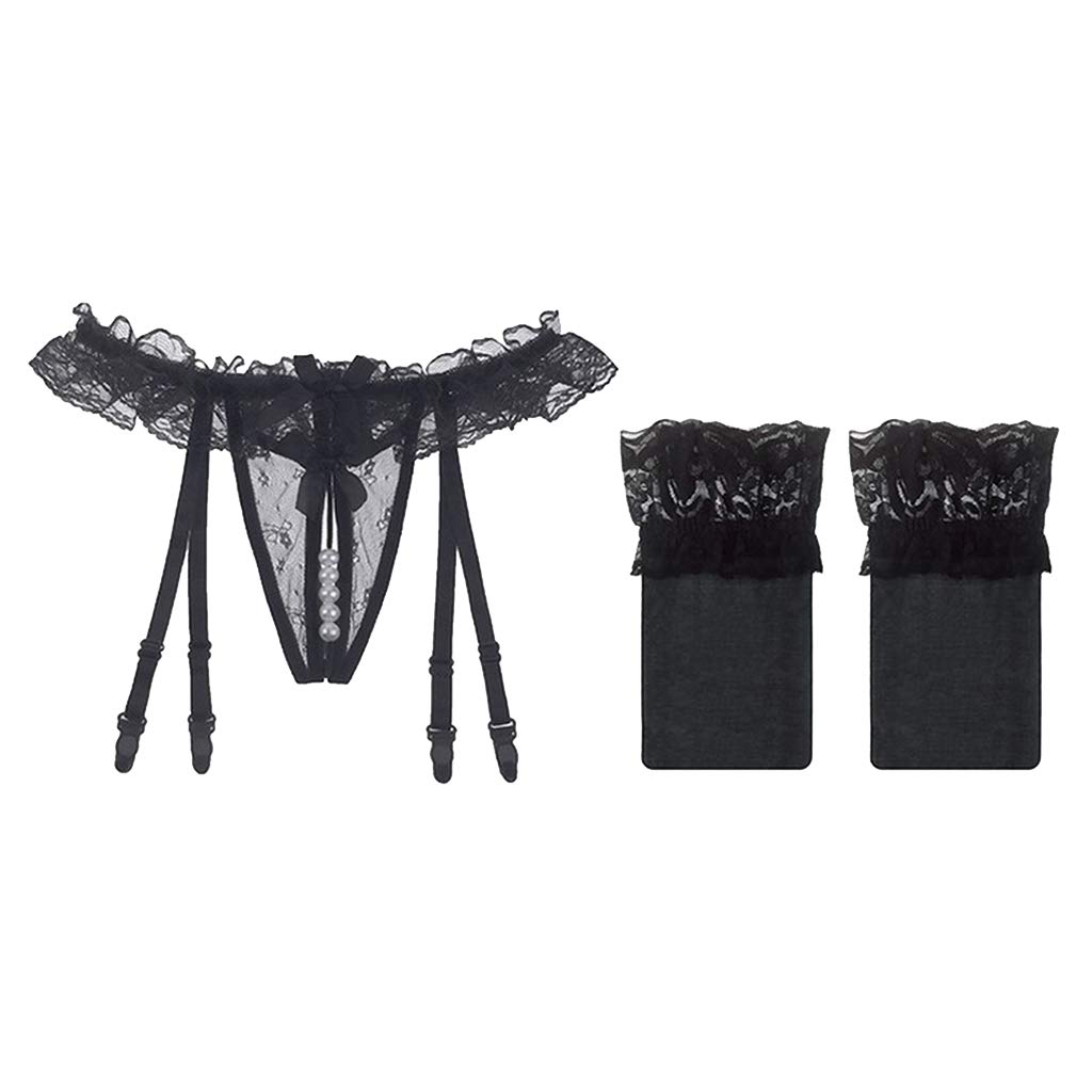 HEAVY DRIVER® Pearl G String Thongs with Garter Belt Stockings Set Black+Silk Stockings