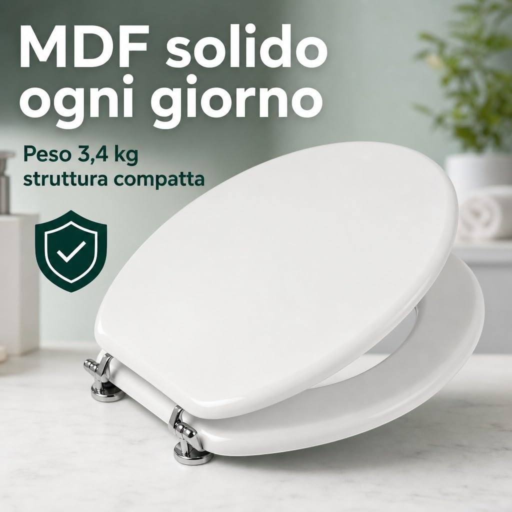 Copriwater Universale MDF Bianco 43x36 cm – Tavoletta WC in Legno MDF, Sedile WC Robusto con Cerniere Cromate, Asse WC Ovale Compatibile, Coperchio Water Resistente