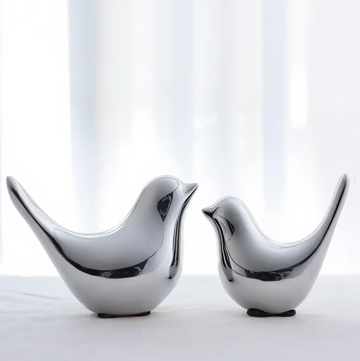 Ostrllynee Small Silver Birds Ceramic Animal Statues - Modern Home Decor, Elegant Desk & Shelf Ornaments, Handmade Figurines for Living Room, Gift