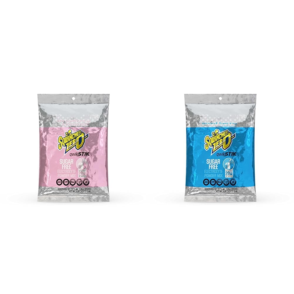 Sqwincher Zero Qwik Stik Sugar Free Electrolyte Hydration Packets, Strawberry Lemonade and Mixed Berry Flavors (50 count each)
