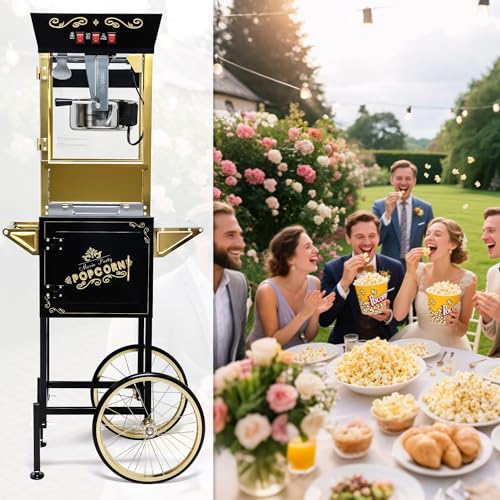 Image of Popcorn Machine with Cart & Wheels - Popcorn Maker Machine with 14OZ Stainless Steel Kettle, Pop corn Machine Maker for Home, Parties, Movie Theater, Black