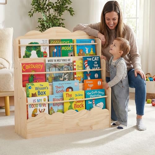 Image of Amdermi 3-Tier Scalloped Montessori Bookshelf for Kids, Solid Wood Front-Facing Toddler Bookcase, Low Children's Book Display Shelf for Nursery, Playroom, Classroom, Natura