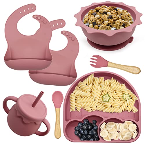 Image of Mishall Baby Feeding Set – 10-Pcs Baby Heavy-Duty Supplies Set with Suction Plates, Bowls, Fork, Spoon, Baby Bibs – Food-Grade Silicone Utensil Set – Self-Feeding Supplies for Babies and Toddlers-Pink