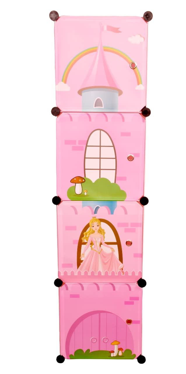 THE LITTLE LOOKERS Collapsible Kids Clothing Wardrobe |Cute Prince & Castle Print/Portable Waterproof Multipurpose Storage Rack/Adjustable Almirah for Babies/Girls/Boys (Pink Castle, 4 Cube)