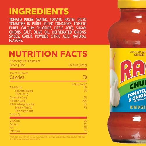 Image of RAGU Chunky Tomato, Garlic and Onion Pasta Sauce, Diced Tomatoes, Delicious Garlic and Onions, and Italian Herbs and Spices, 24 oz (Pack of 6)