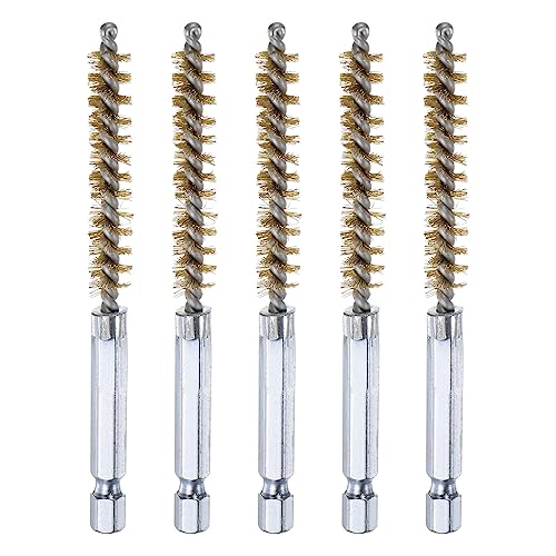 HARFINGTON 5Pcs Brass Bore Brush 8mm Dia 4" Long Cleaning Twisted Wire Brush with Handle 1/4" Hex Shank for Tubes, Ports, Bearings