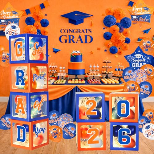 Graduation Decorations Class of 2026 - Orange and Blue Graduation Decorations - Balloons Boxes with Letters 2026 GRAD So Proud of You Congrats Grad Party Decorations for Any Grades