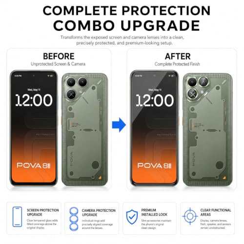 Image of ArmourPro Edge to Edge Tempered Glass for Tecno Pova 8 with Green Camera Ring Guard, 9H Screen Protector, Anti-Scratch, Anti-Fingerprint, Bubble-Free Installation Kit