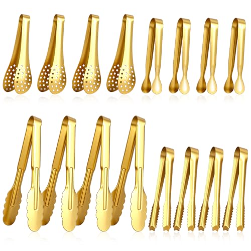 Small Food Serving Tongs, 16 Pieces Gold Tongs for Serving Food 4 Styles Stainless Steel Mini Appetizer Tong Kitchen Tong Utensils Set for Salad Buffet Wedding Birthday Party