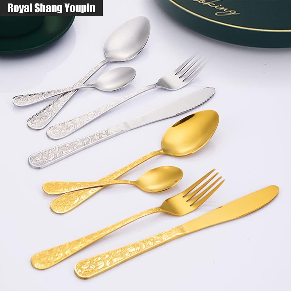 Unique Pattern Relief Cucina in Acciaio Inox Argenteria Da Tavola Flatware Posate Set Bistecca Coltello Forchetta Cucchiaio (Oro,16 pezzi)